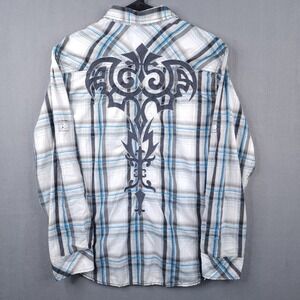 Helix Mens Large Athletic Fit Plaid Button Shirt Embroidered Tribal White Blue